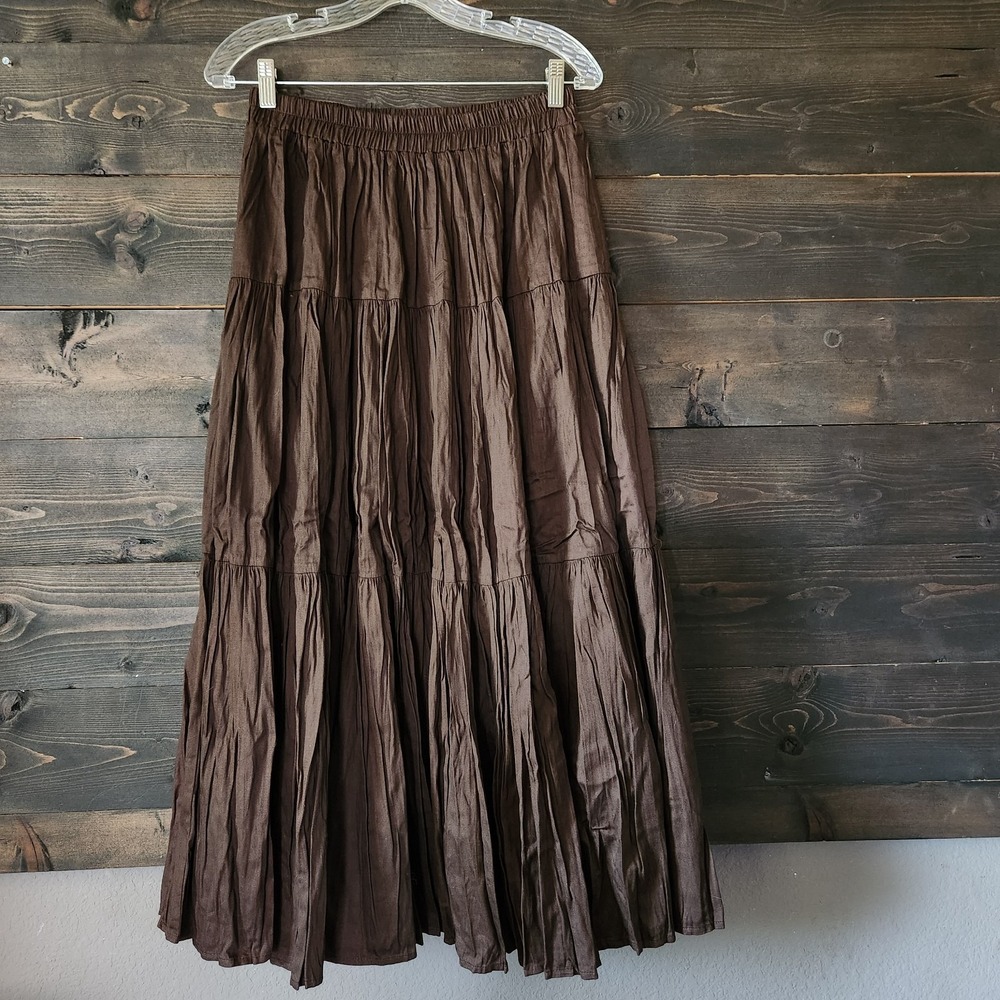 Vtg Tiered Maxi Skirt Women's L Dark Brown Western Cowgirl Gypsy Boho USA Made - Picture 10 of 10